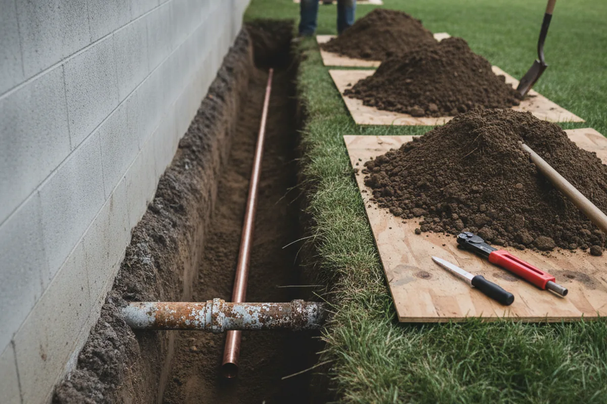 Excavated water line trench during Water Heater Repair in Fredericktown